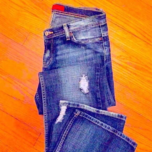 DENIM LAB X2-W1 Denim - SUPER LOW RISE EXPRESS DENIM JEANS SLIM FIT FLARE LEGS  DISTRESSED  8 LONG  NEW